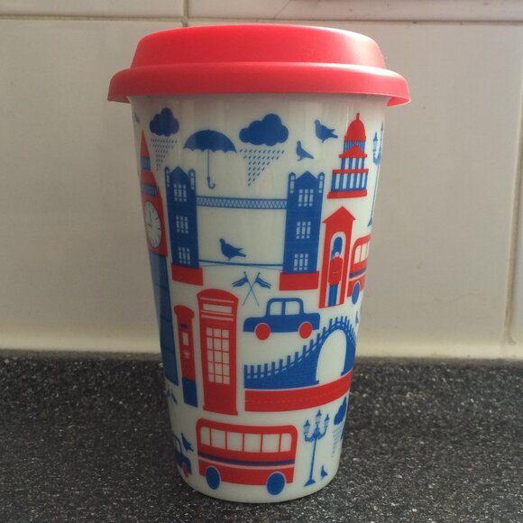 London UK Travel Mug Tumbler White Red Blue City Print Silicon Lid Porcelain - Picture 2 of 8